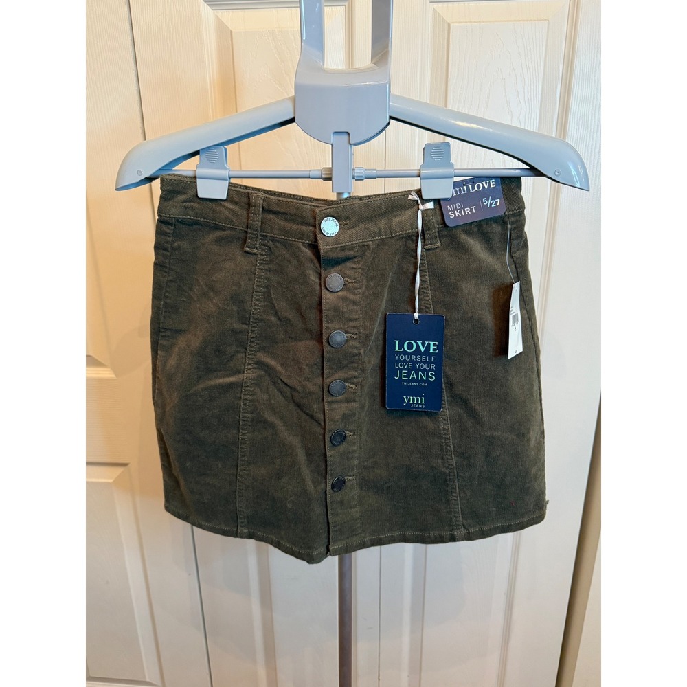 YMI Jeans Olive Corduroy Button Front‎ Midi Skirt Size 5